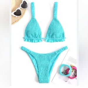 Zaful Smocked frilled tanga Two-Piece Bikini in Turquoise light blue 8 NWT